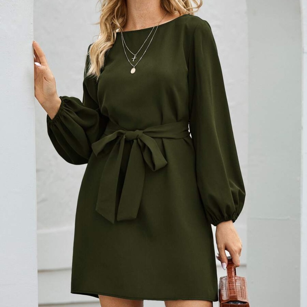 Blue lantern long sleeve belted mini dress Work - Picture 8 of 15